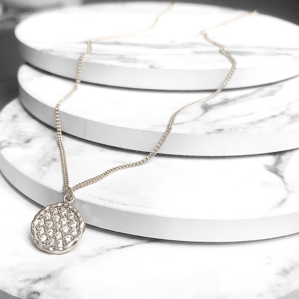 3 PACK: Pave Cubic Zirconia Circle Pendant Brass Necklace Silver Tone